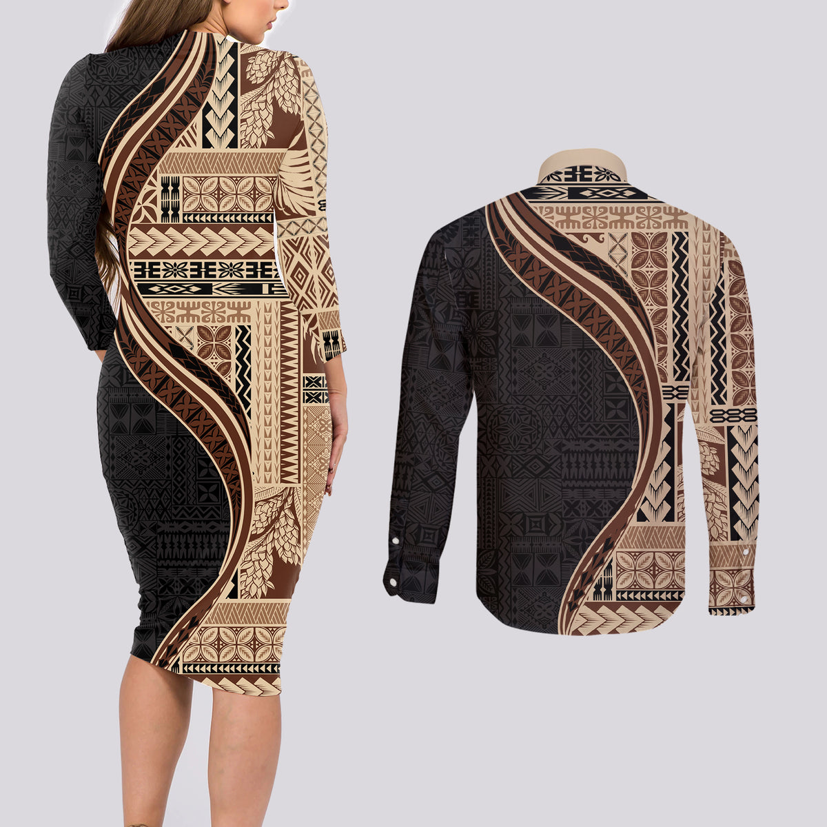 Samoa Siapo Motif and Tapa Pattern Half Style Couples Matching Long Sleeve Bodycon Dress and Long Sleeve Button Shirt Beige Color