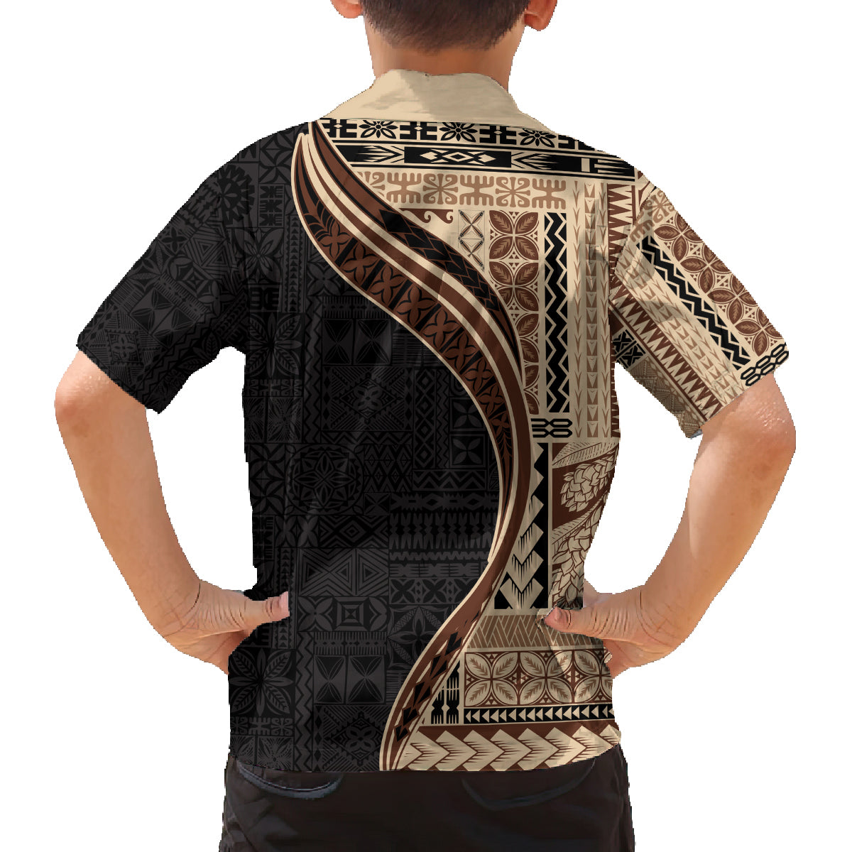 Samoa Siapo Motif and Tapa Pattern Half Style Family Matching Long Sleeve Bodycon Dress and Hawaiian Shirt Beige Color LT03 - Polynesian Pride