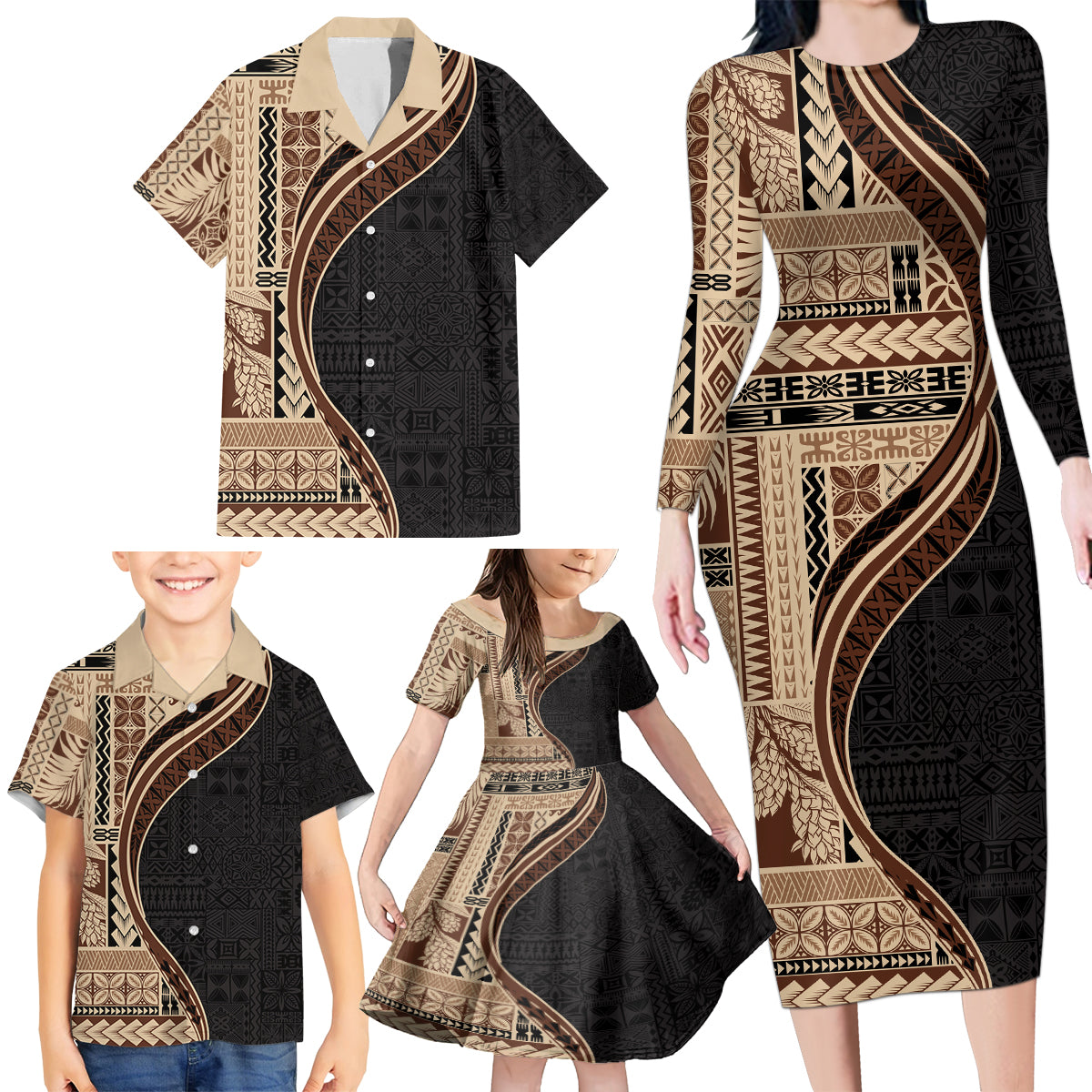 Samoa Siapo Motif and Tapa Pattern Half Style Family Matching Long Sleeve Bodycon Dress and Hawaiian Shirt Beige Color LT03 - Polynesian Pride