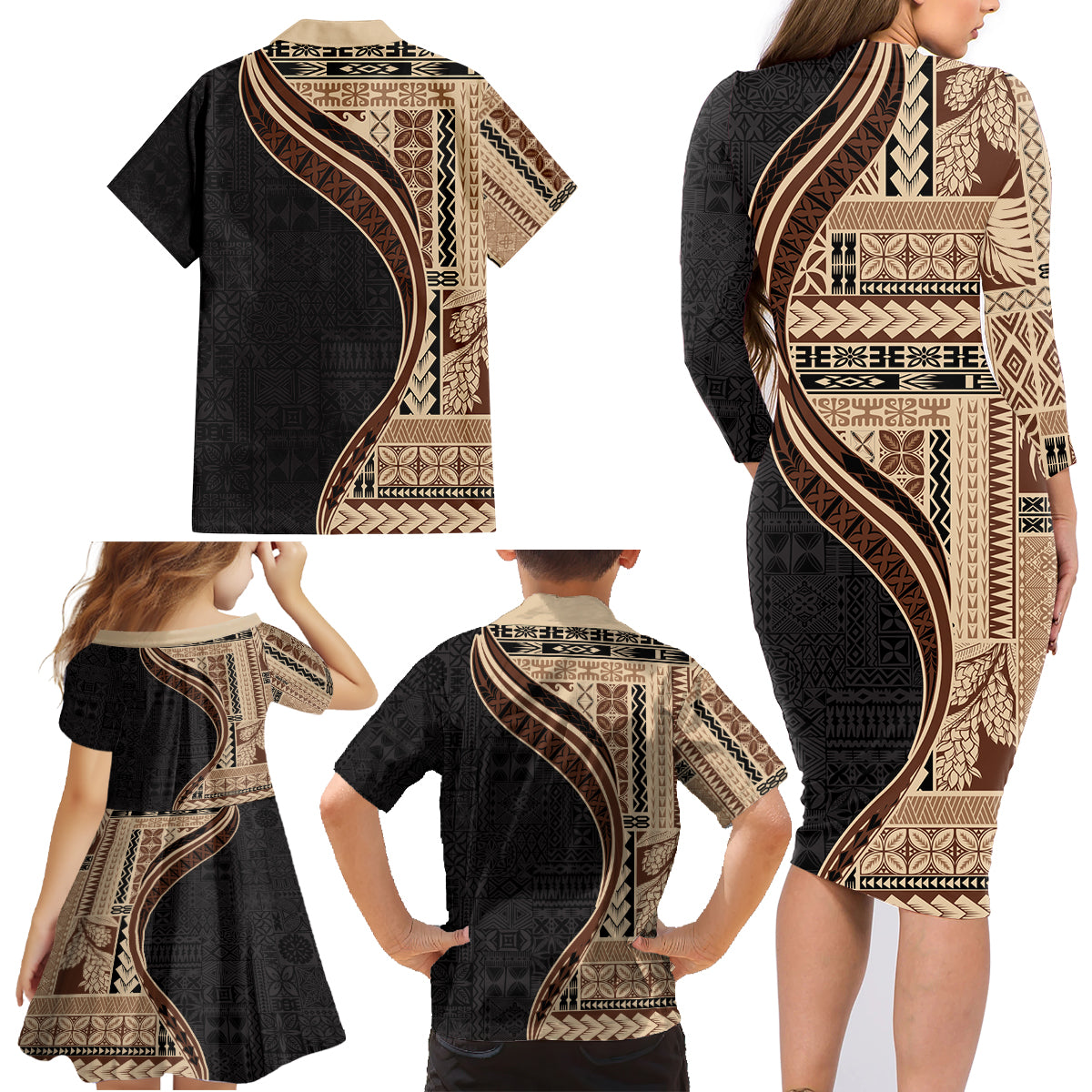 Samoa Siapo Motif and Tapa Pattern Half Style Family Matching Long Sleeve Bodycon Dress and Hawaiian Shirt Beige Color LT03 - Polynesian Pride