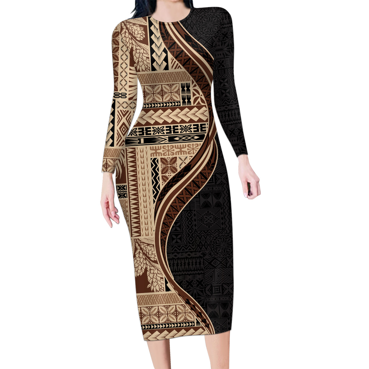 Samoa Siapo Motif and Tapa Pattern Half Style Family Matching Long Sleeve Bodycon Dress and Hawaiian Shirt Beige Color LT03 Mom's Dress Beige - Polynesian Pride