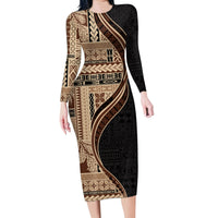 Samoa Siapo Motif and Tapa Pattern Half Style Family Matching Long Sleeve Bodycon Dress and Hawaiian Shirt Beige Color LT03 Mom's Dress Beige - Polynesian Pride