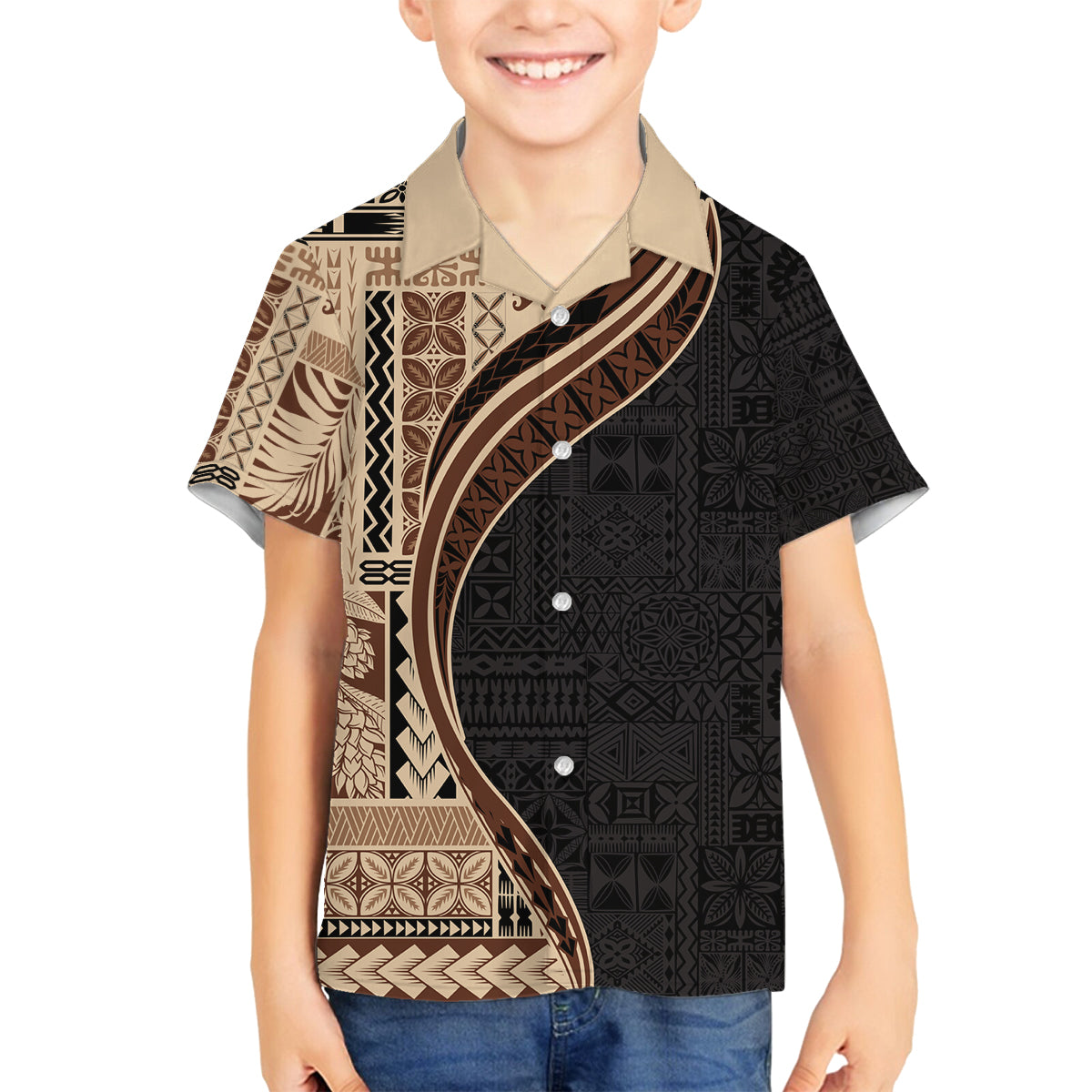 Samoa Siapo Motif and Tapa Pattern Half Style Family Matching Long Sleeve Bodycon Dress and Hawaiian Shirt Beige Color LT03 Son's Shirt Beige - Polynesian Pride