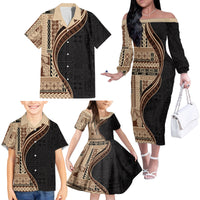 Samoa Siapo Motif and Tapa Pattern Half Style Family Matching Off The Shoulder Long Sleeve Dress and Hawaiian Shirt Beige Color LT03 - Polynesian Pride