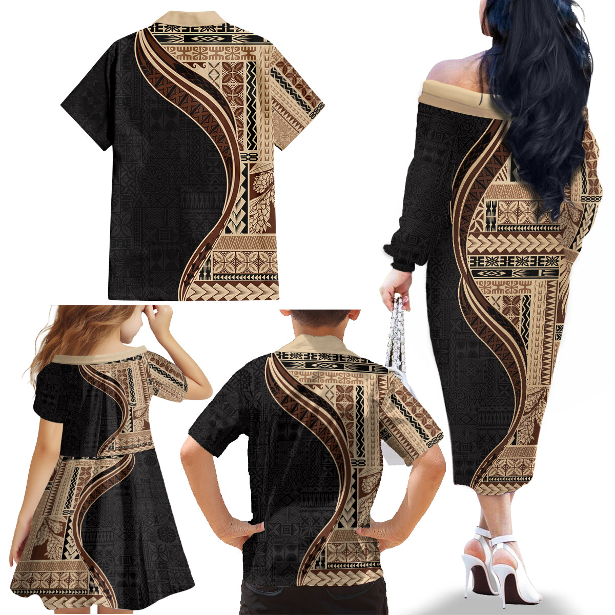 Samoa Siapo Motif and Tapa Pattern Half Style Family Matching Off The Shoulder Long Sleeve Dress and Hawaiian Shirt Beige Color LT03 - Polynesian Pride