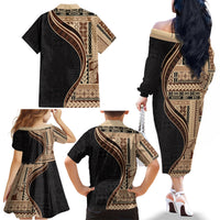 Samoa Siapo Motif and Tapa Pattern Half Style Family Matching Off The Shoulder Long Sleeve Dress and Hawaiian Shirt Beige Color LT03 - Polynesian Pride
