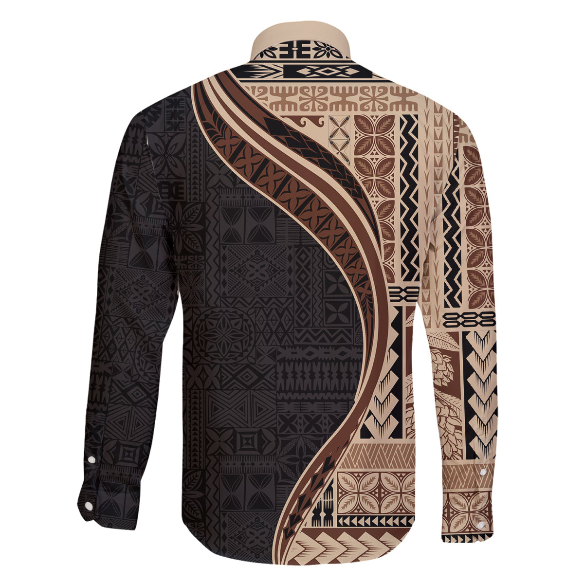 Samoa Siapo Motif and Tapa Pattern Half Style Family Matching Off The Shoulder Long Sleeve Dress and Hawaiian Shirt Beige Color LT03 - Polynesian Pride