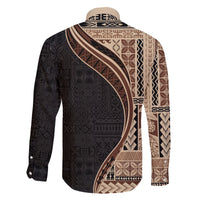 Samoa Siapo Motif and Tapa Pattern Half Style Family Matching Off The Shoulder Long Sleeve Dress and Hawaiian Shirt Beige Color LT03 - Polynesian Pride