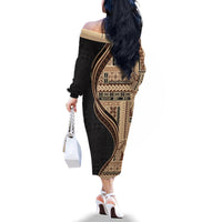 Samoa Siapo Motif and Tapa Pattern Half Style Family Matching Off The Shoulder Long Sleeve Dress and Hawaiian Shirt Beige Color LT03 - Polynesian Pride