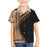 Samoa Siapo Motif and Tapa Pattern Half Style Family Matching Off Shoulder Maxi Dress and Hawaiian Shirt Beige Color