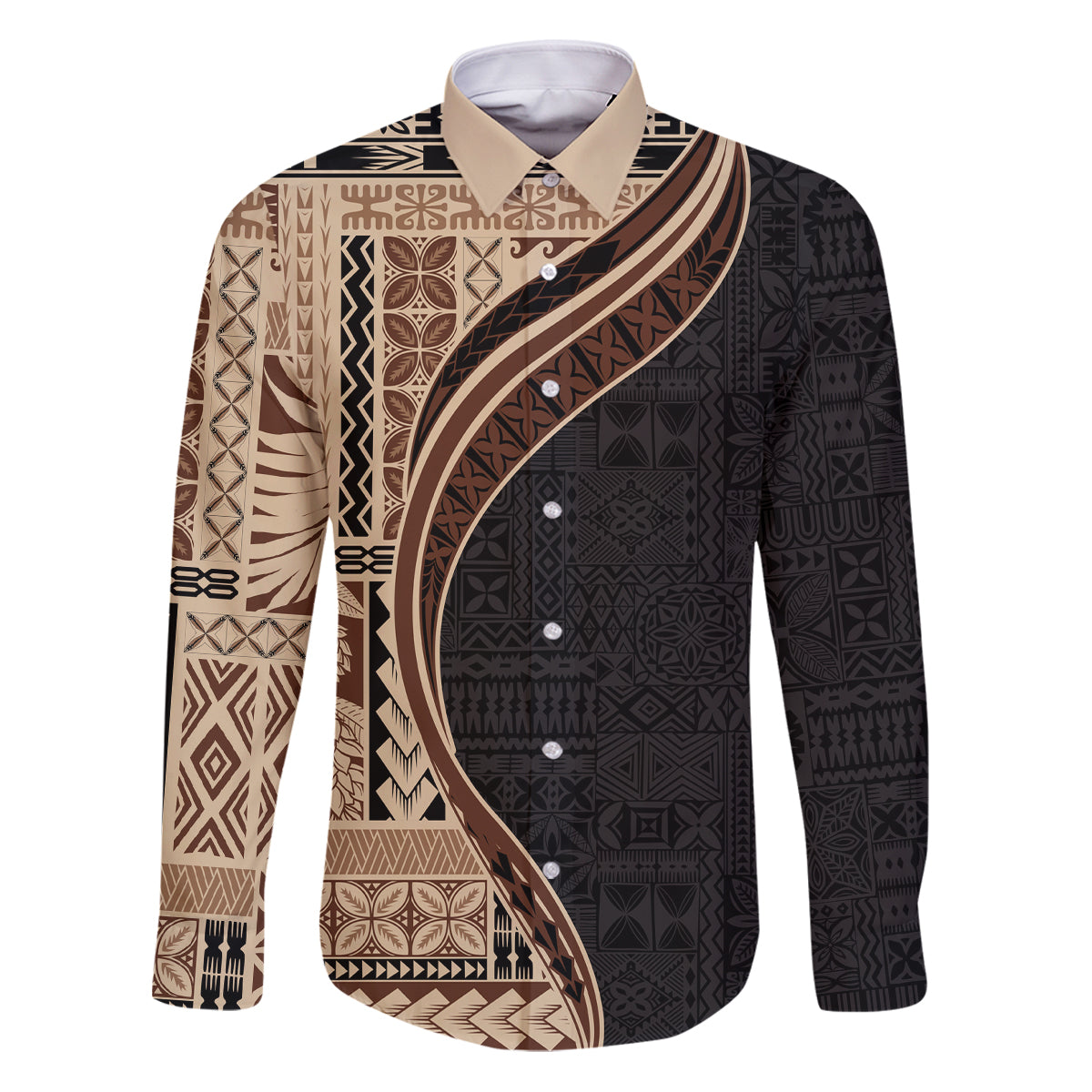 Samoa Siapo Motif and Tapa Pattern Half Style Family Matching Puletasi and Hawaiian Shirt Beige Color