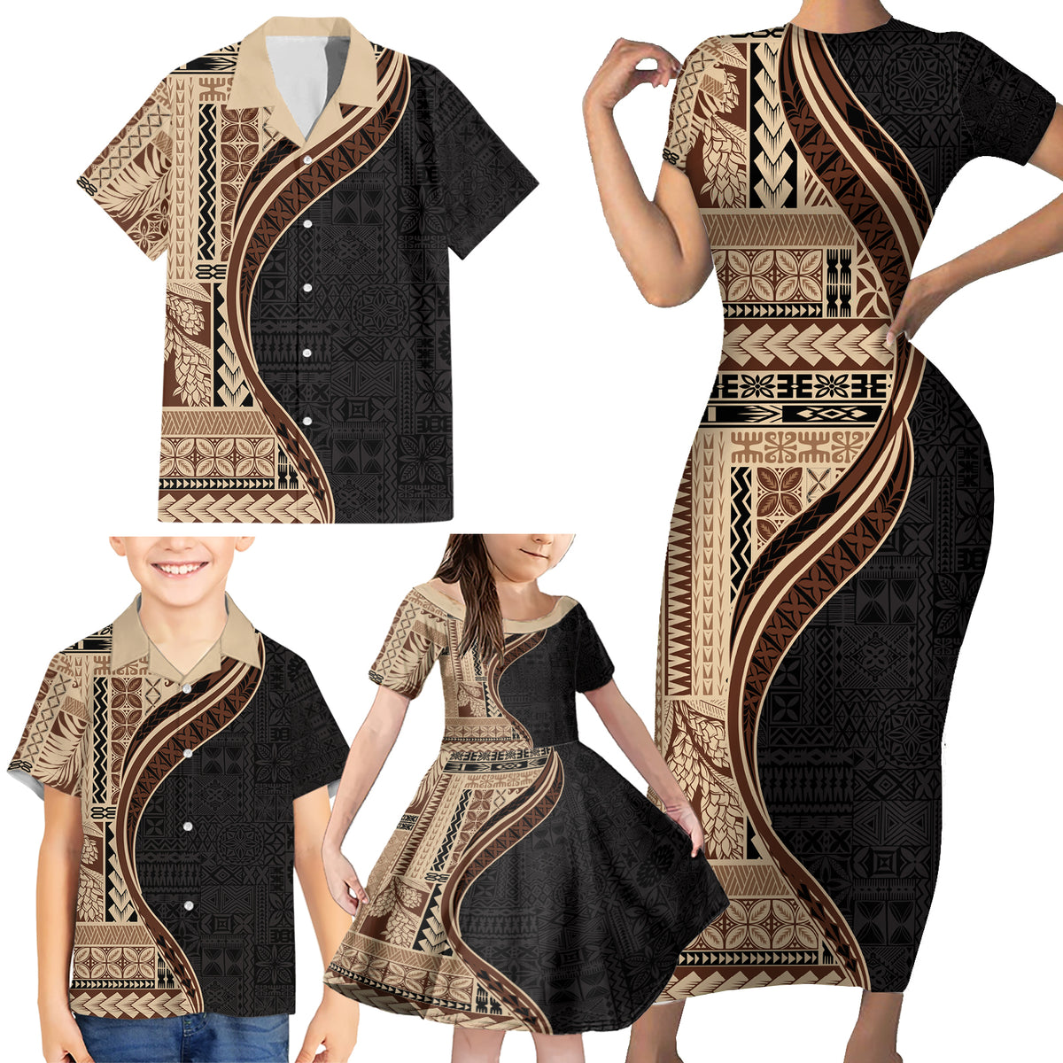 Samoa Siapo Motif and Tapa Pattern Half Style Family Matching Short Sleeve Bodycon Dress and Hawaiian Shirt Beige Color LT03 - Polynesian Pride