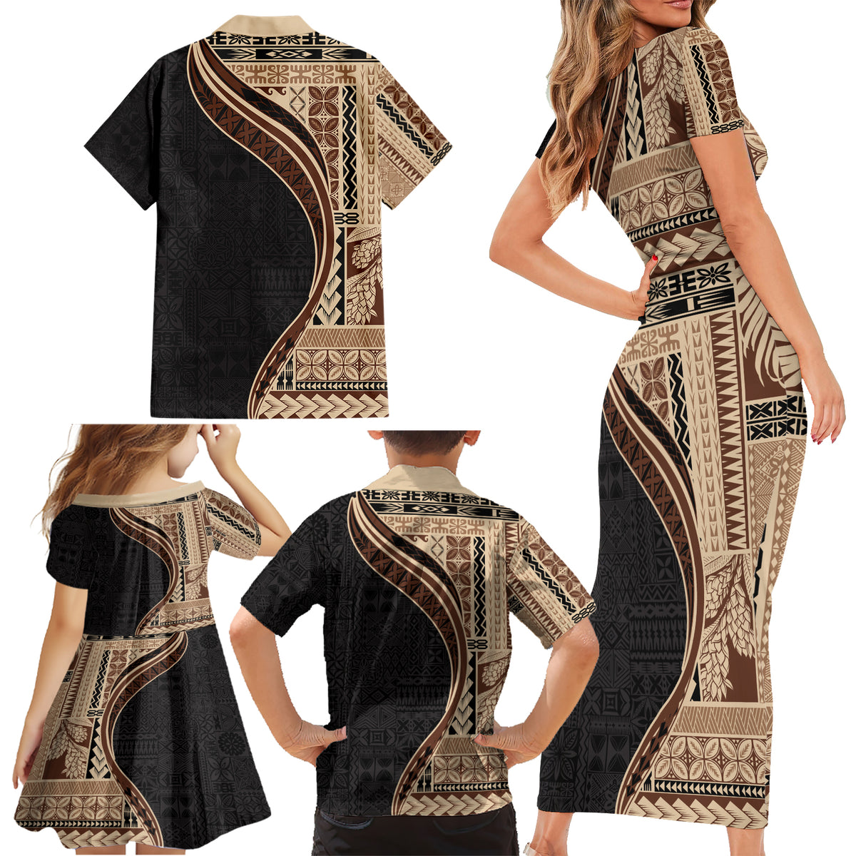 Samoa Siapo Motif and Tapa Pattern Half Style Family Matching Short Sleeve Bodycon Dress and Hawaiian Shirt Beige Color LT03 - Polynesian Pride