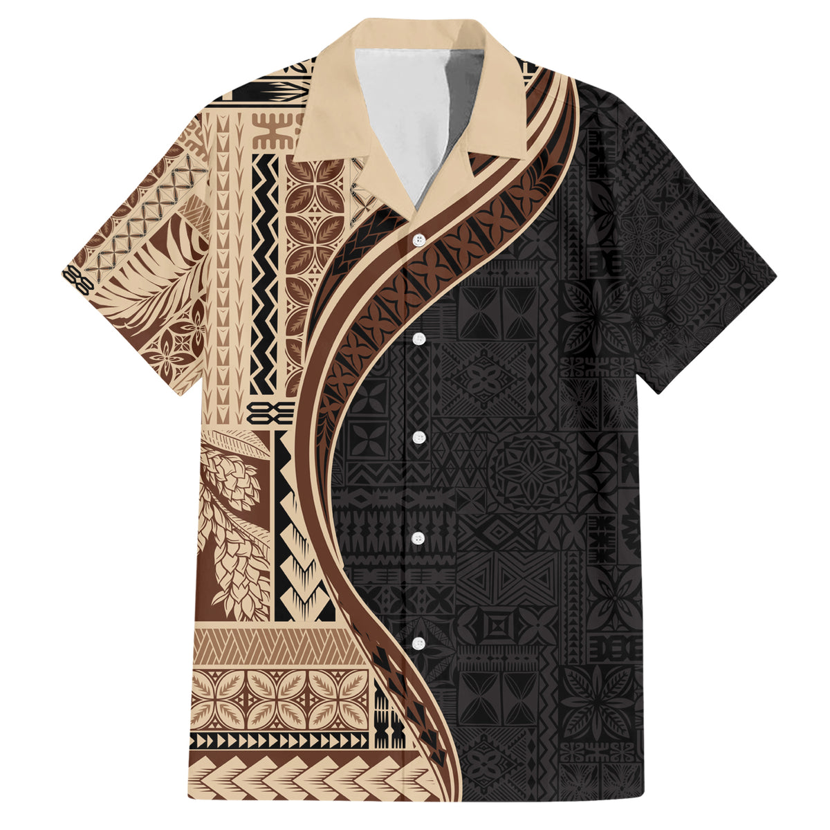 Samoa Siapo Motif and Tapa Pattern Half Style Family Matching Short Sleeve Bodycon Dress and Hawaiian Shirt Beige Color LT03 Dad's Shirt - Short Sleeve Beige - Polynesian Pride