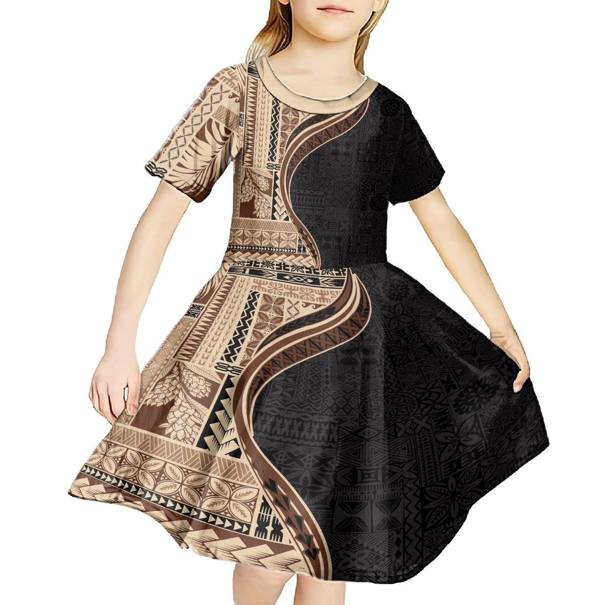 Samoa Siapo Motif and Tapa Pattern Half Style Kid Short Sleeve Dress Beige Color