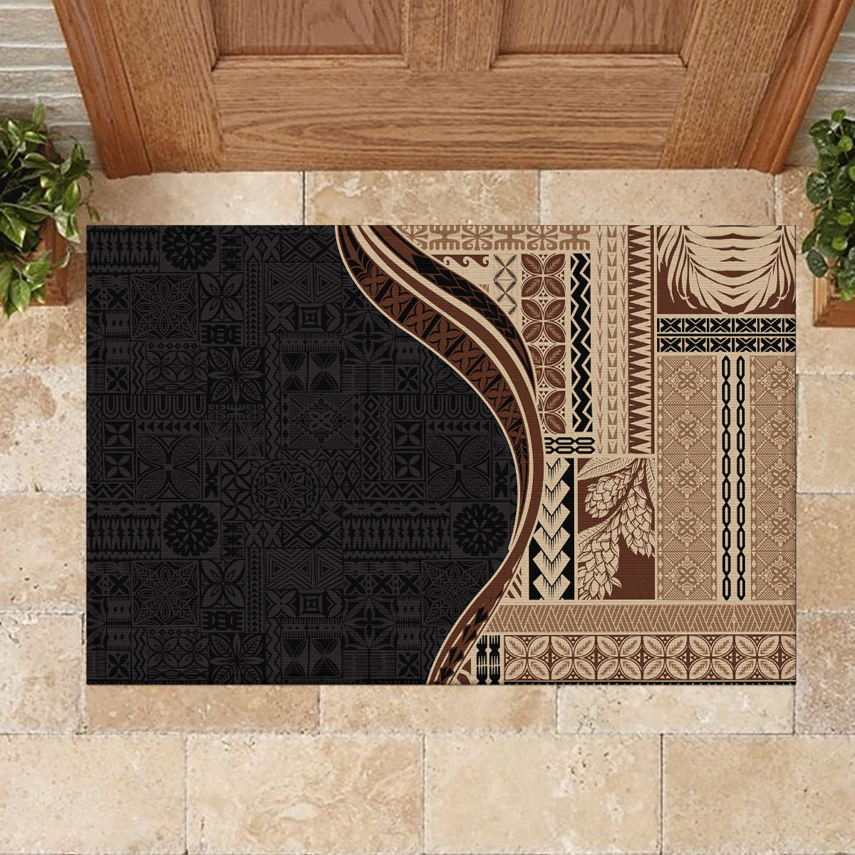 Samoa Siapo Motif and Tapa Pattern Half Style Rubber Doormat Beige Color
