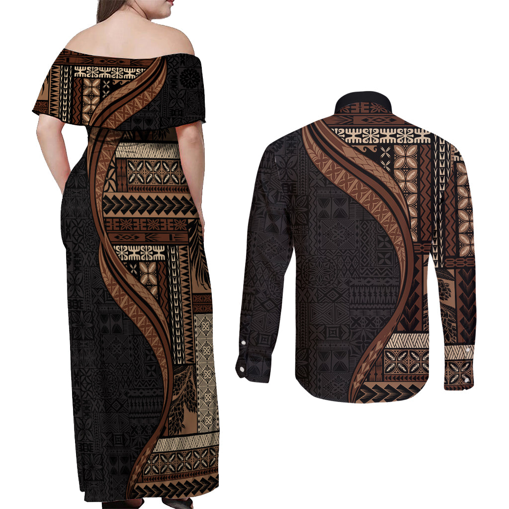 Samoa Siapo Motif and Tapa Pattern Half Style Couples Matching Off Shoulder Maxi Dress and Long Sleeve Button Shirt Black Color