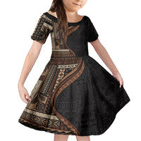 Samoa Siapo Motif and Tapa Pattern Half Style Family Matching Off The Shoulder Long Sleeve Dress and Hawaiian Shirt Black Color LT03 Daughter's Dress Black - Polynesian Pride