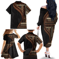 Samoa Siapo Motif and Tapa Pattern Half Style Family Matching Off The Shoulder Long Sleeve Dress and Hawaiian Shirt Black Color LT03 - Polynesian Pride