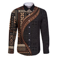 Samoa Siapo Motif and Tapa Pattern Half Style Family Matching Off The Shoulder Long Sleeve Dress and Hawaiian Shirt Black Color LT03 Dad's Shirt - Long Sleeve Black - Polynesian Pride