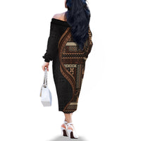 Samoa Siapo Motif and Tapa Pattern Half Style Family Matching Off The Shoulder Long Sleeve Dress and Hawaiian Shirt Black Color LT03 - Polynesian Pride