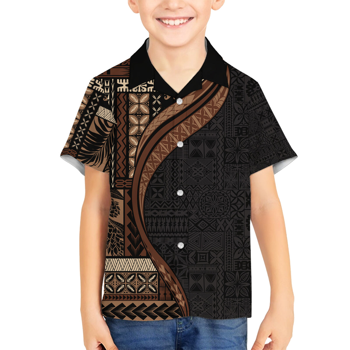 Samoa Siapo Motif and Tapa Pattern Half Style Family Matching Off The Shoulder Long Sleeve Dress and Hawaiian Shirt Black Color LT03 Son's Shirt Black - Polynesian Pride
