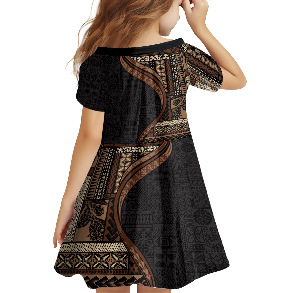 Samoa Siapo Motif and Tapa Pattern Half Style Kid Short Sleeve Dress Black Color