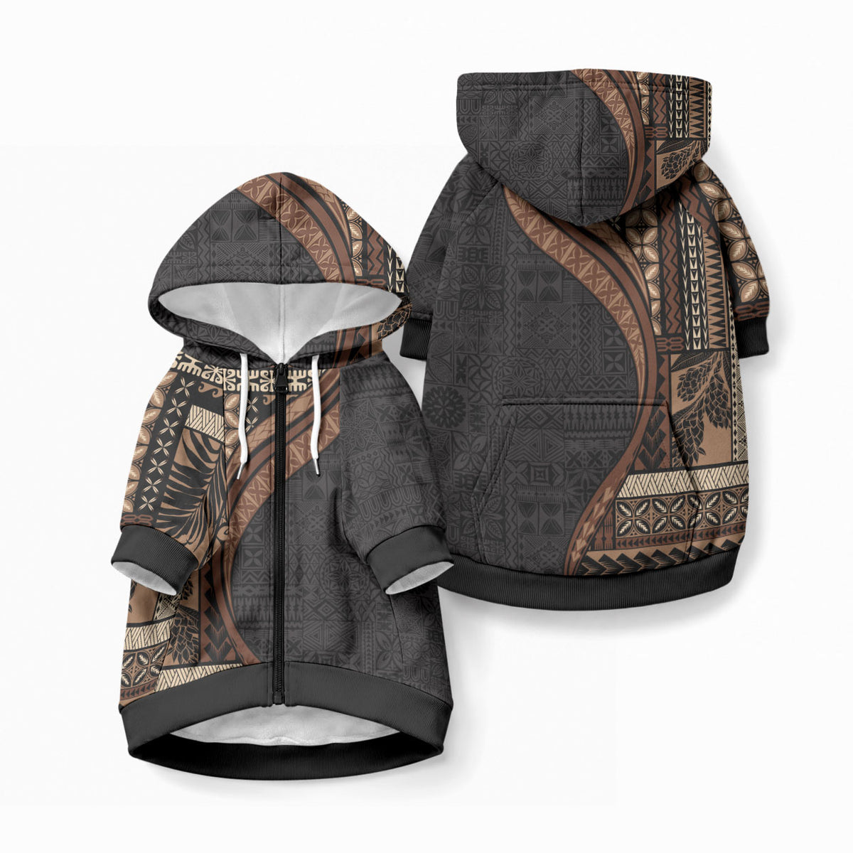 Samoa Siapo Motif and Tapa Pattern Half Style Pet Hoodie LT03 Zip-up Black - Polynesian Pride