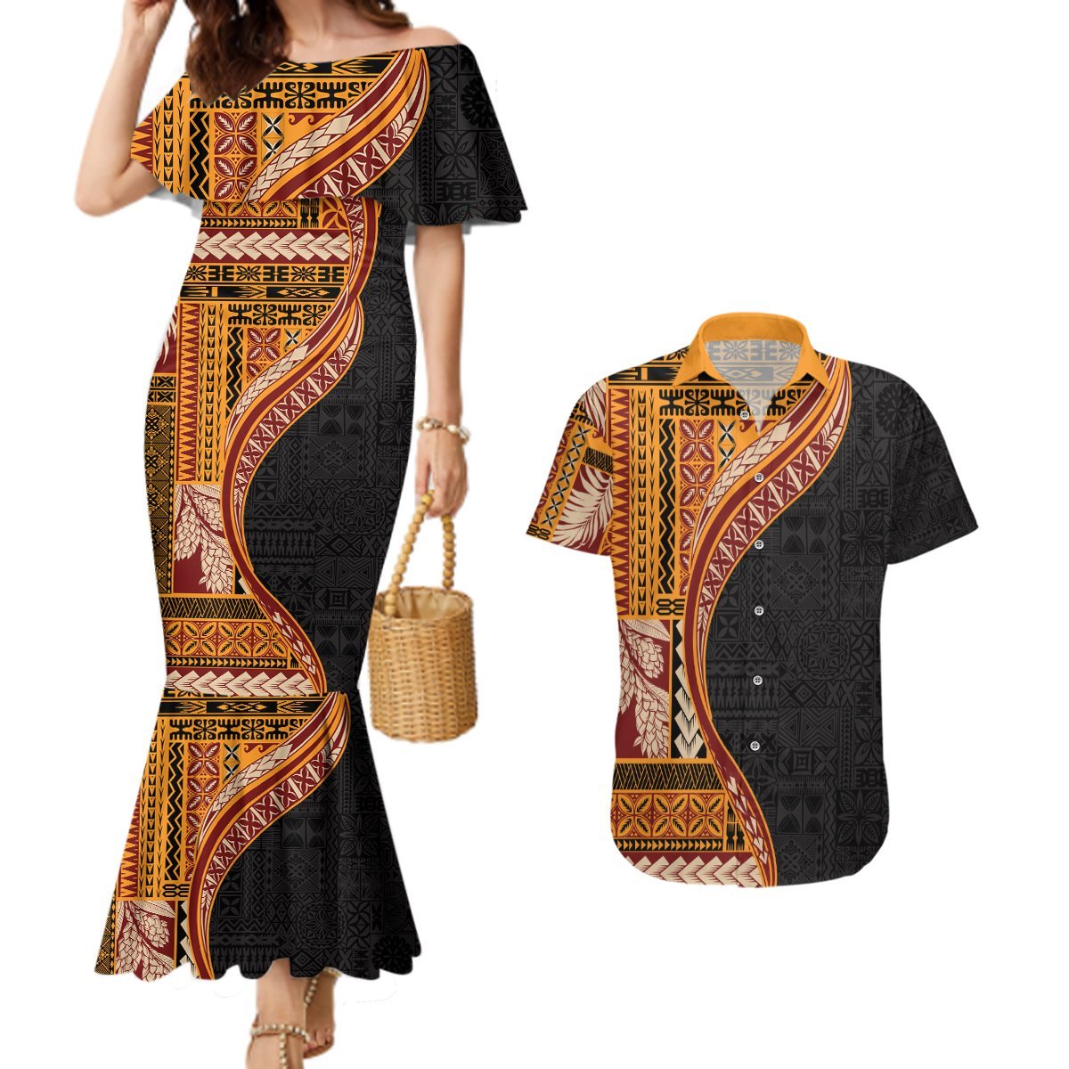 Samoa Siapo Motif and Tapa Pattern Half Style Couples Matching Mermaid Dress and Hawaiian Shirt Yellow Color LT03 Yellow - Polynesian Pride