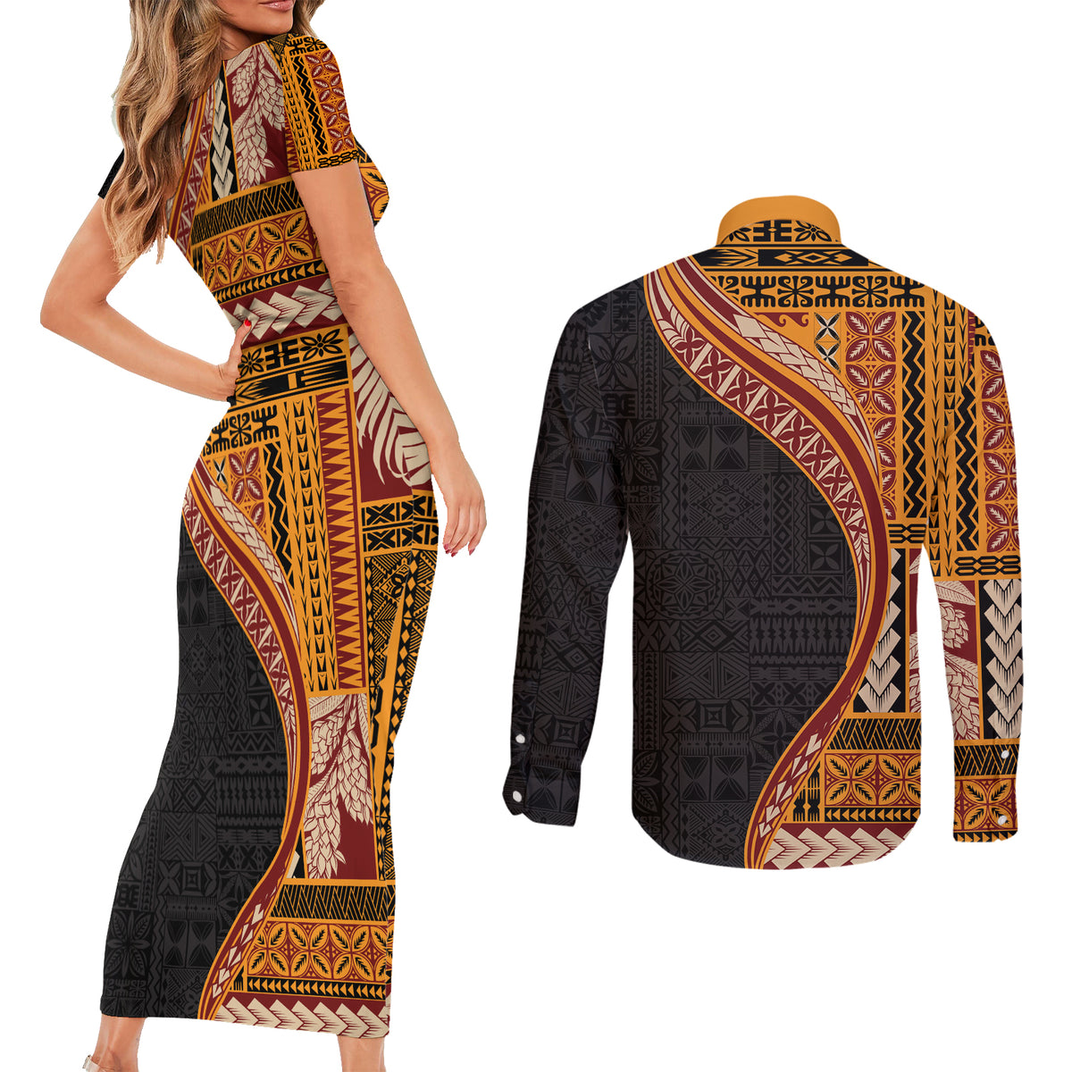 Samoa Siapo Motif and Tapa Pattern Half Style Couples Matching Short Sleeve Bodycon Dress and Long Sleeve Button Shirt Yellow Color