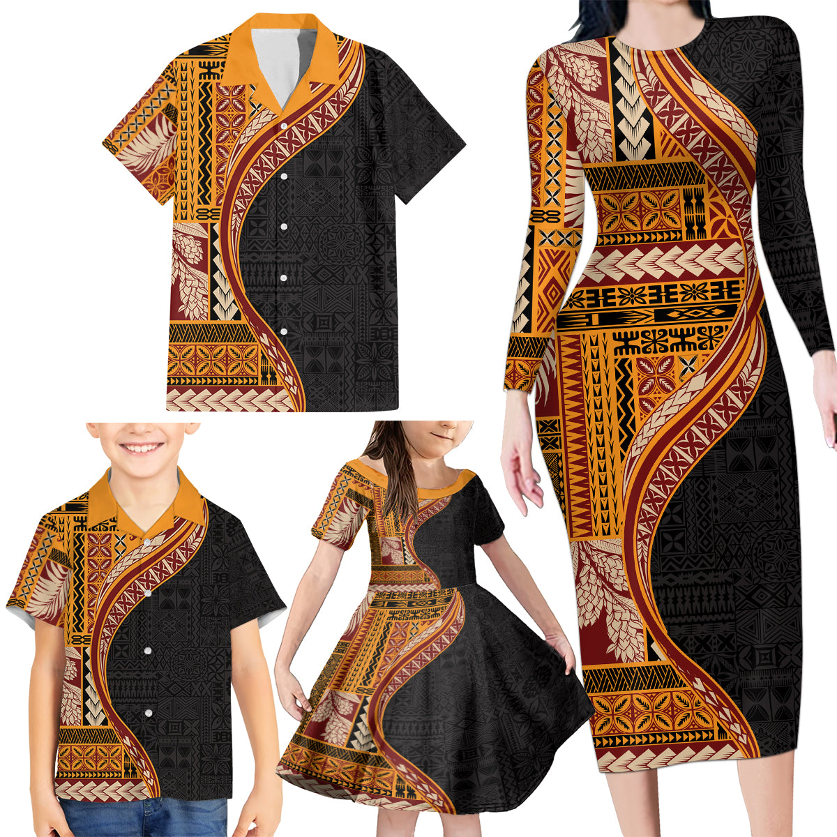 Samoa Siapo Motif and Tapa Pattern Half Style Family Matching Long Sleeve Bodycon Dress and Hawaiian Shirt Yellow Color LT03 - Polynesian Pride