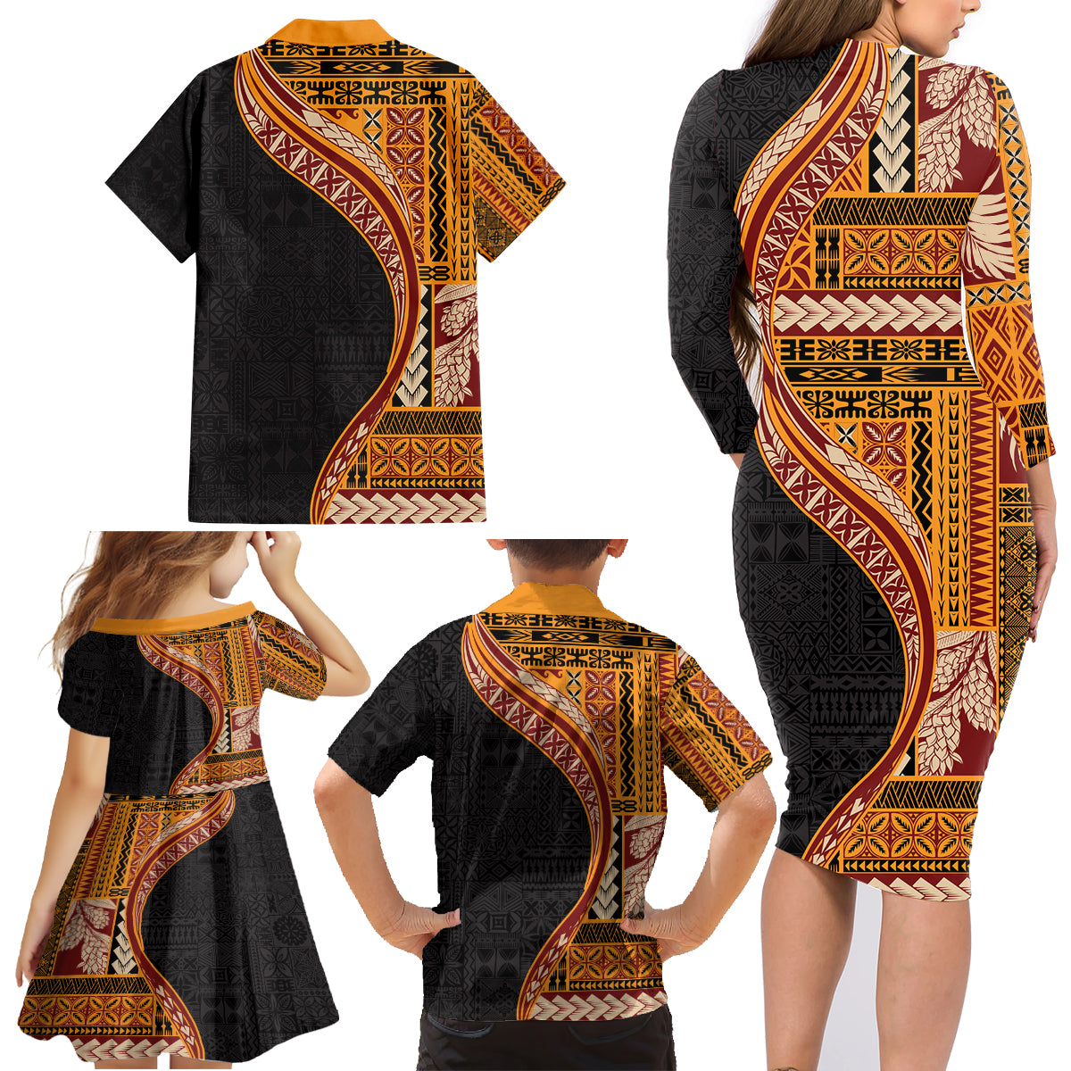 Samoa Siapo Motif and Tapa Pattern Half Style Family Matching Long Sleeve Bodycon Dress and Hawaiian Shirt Yellow Color LT03 - Polynesian Pride