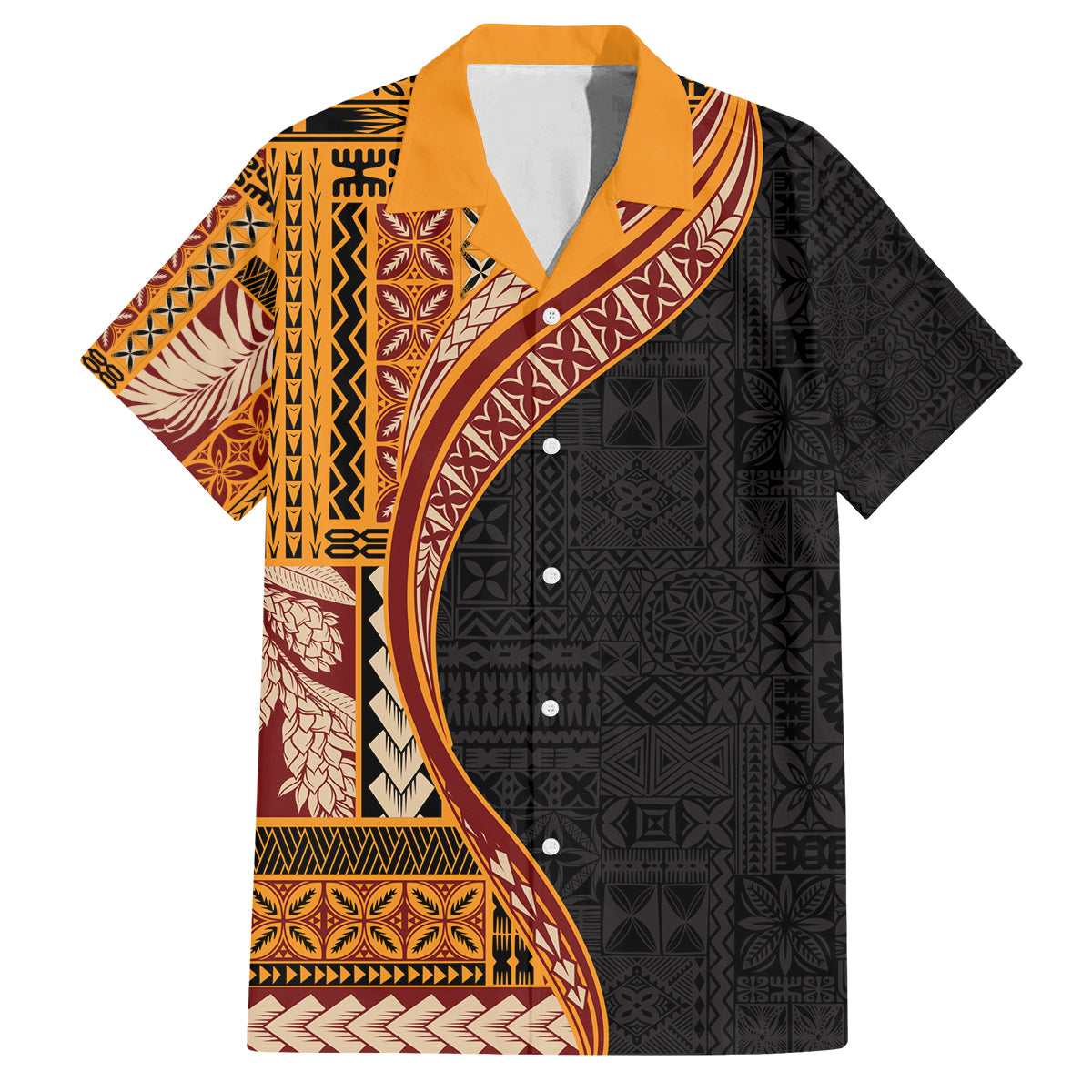 Samoa Siapo Motif and Tapa Pattern Half Style Family Matching Long Sleeve Bodycon Dress and Hawaiian Shirt Yellow Color LT03 Dad's Shirt - Short Sleeve Yellow - Polynesian Pride
