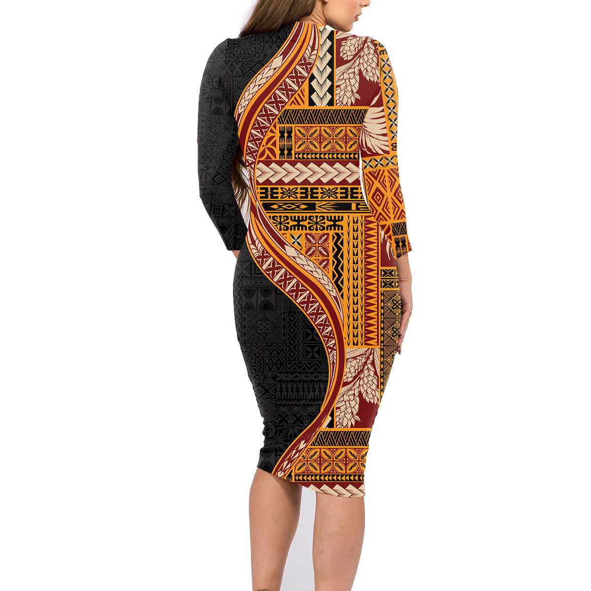 Samoa Siapo Motif and Tapa Pattern Half Style Family Matching Long Sleeve Bodycon Dress and Hawaiian Shirt Yellow Color LT03 - Polynesian Pride