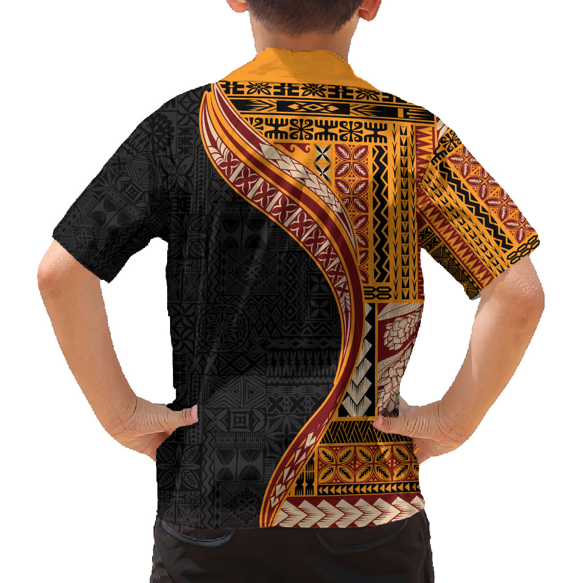 Samoa Siapo Motif and Tapa Pattern Half Style Family Matching Off The Shoulder Long Sleeve Dress and Hawaiian Shirt Yellow Color LT03 - Polynesian Pride