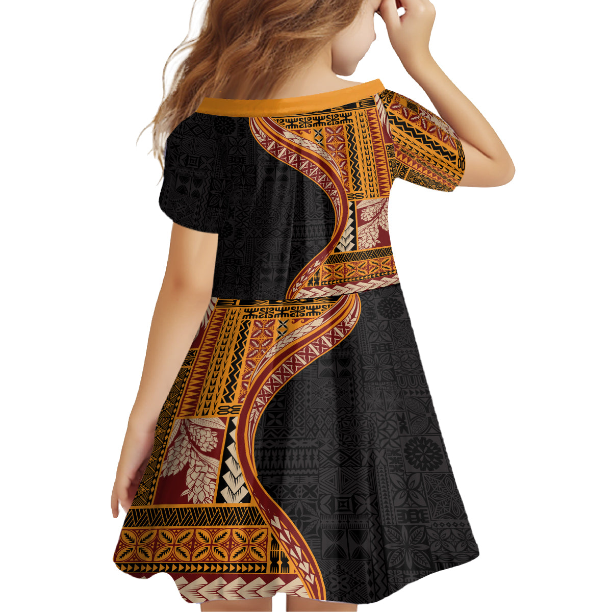 Samoa Siapo Motif and Tapa Pattern Half Style Family Matching Off The Shoulder Long Sleeve Dress and Hawaiian Shirt Yellow Color LT03 - Polynesian Pride