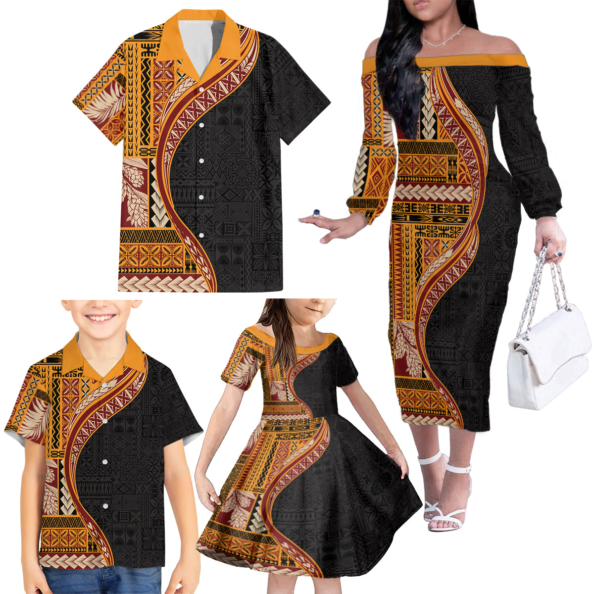 Samoa Siapo Motif and Tapa Pattern Half Style Family Matching Off The Shoulder Long Sleeve Dress and Hawaiian Shirt Yellow Color LT03 - Polynesian Pride