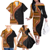 Samoa Siapo Motif and Tapa Pattern Half Style Family Matching Off The Shoulder Long Sleeve Dress and Hawaiian Shirt Yellow Color LT03 - Polynesian Pride