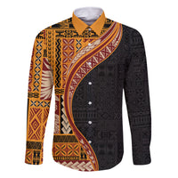 Samoa Siapo Motif and Tapa Pattern Half Style Family Matching Off The Shoulder Long Sleeve Dress and Hawaiian Shirt Yellow Color LT03 Dad's Shirt - Long Sleeve Yellow - Polynesian Pride