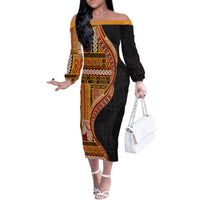 Samoa Siapo Motif and Tapa Pattern Half Style Family Matching Off The Shoulder Long Sleeve Dress and Hawaiian Shirt Yellow Color LT03 Mom's Dress Yellow - Polynesian Pride