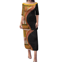 Samoa Siapo Motif and Tapa Pattern Half Style Family Matching Puletasi and Hawaiian Shirt Yellow Color