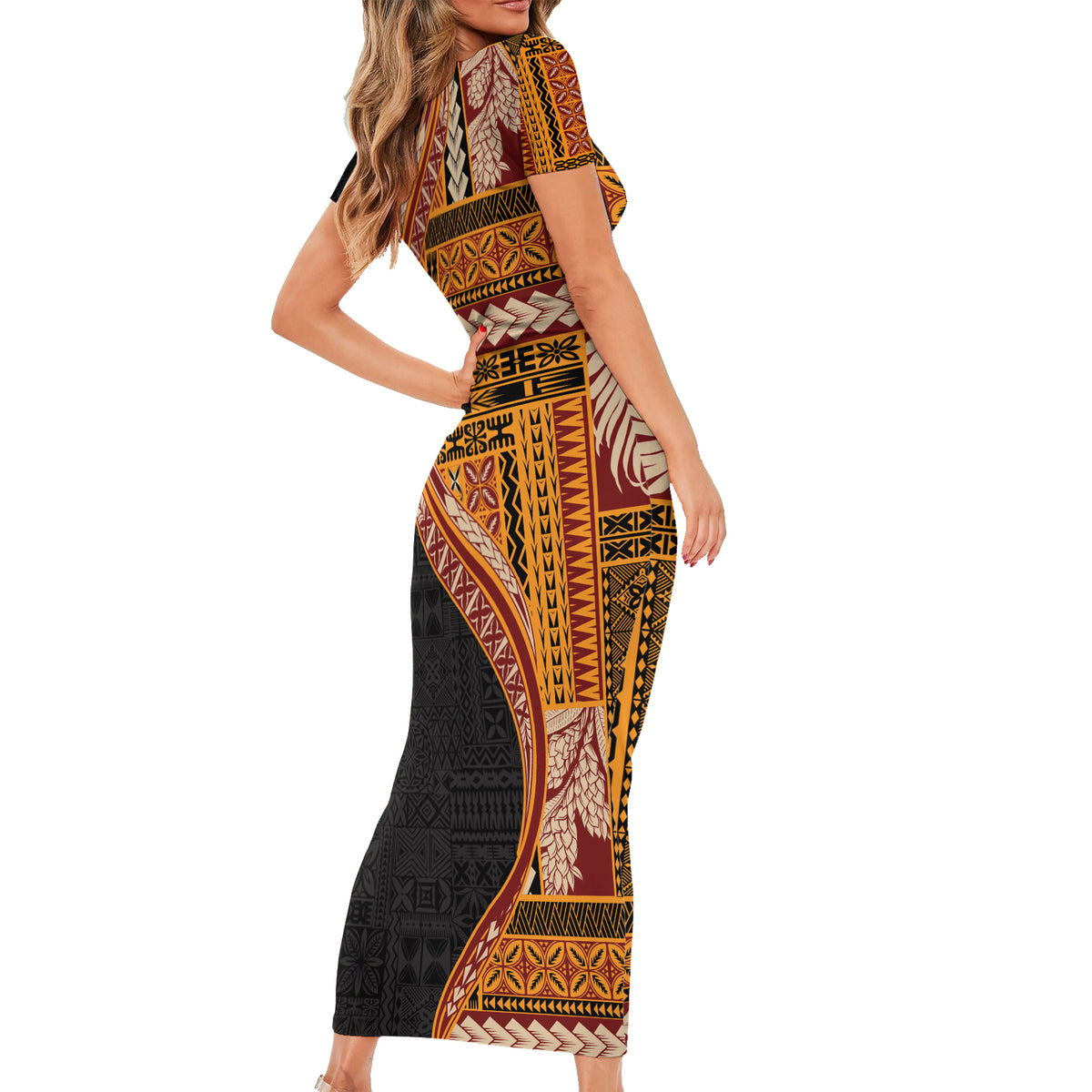 Samoa Siapo Motif and Tapa Pattern Half Style Family Matching Short Sleeve Bodycon Dress and Hawaiian Shirt Yellow Color LT03 - Polynesian Pride