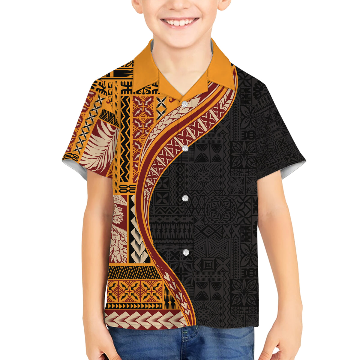 Samoa Siapo Motif and Tapa Pattern Half Style Family Matching Short Sleeve Bodycon Dress and Hawaiian Shirt Yellow Color LT03 Son's Shirt Yellow - Polynesian Pride