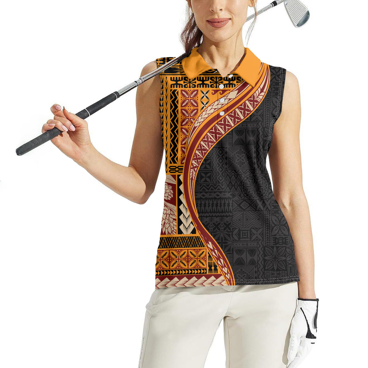 Samoa Siapo Motif and Tapa Pattern Half Style Women Sleeveless Polo Shirt Yellow Color