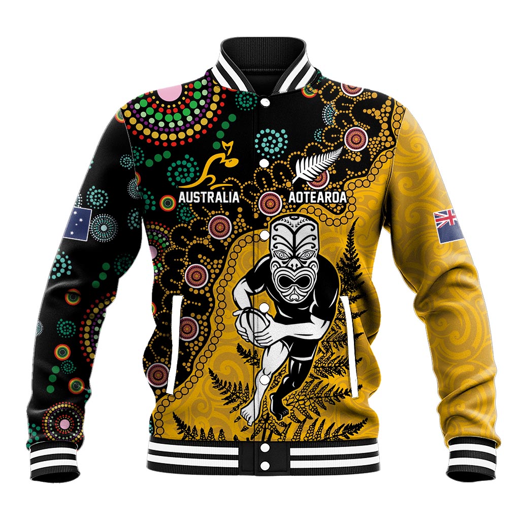 Custom New Zealand and Australia Rugby Baseball Jacket Maori Warrior With Aboriginal Version LT03 Unisex Black - Polynesian Pride
