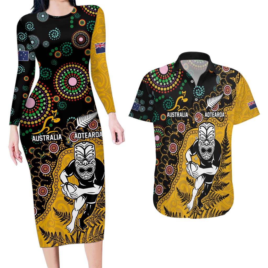 Custom New Zealand and Australia Rugby Couples Matching Long Sleeve Bodycon Dress and Hawaiian Shirt Maori Warrior With Aboriginal Version LT03 Black - Polynesian Pride
