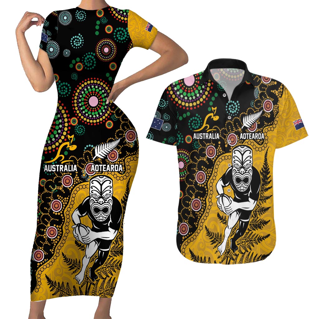 Custom New Zealand and Australia Rugby Couples Matching Short Sleeve Bodycon Dress and Hawaiian Shirt Maori Warrior With Aboriginal Version LT03 Black - Polynesian Pride