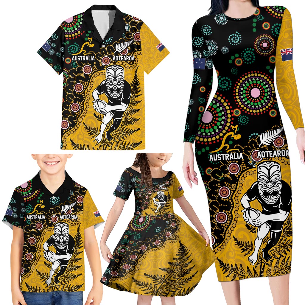 Custom New Zealand and Australia Rugby Family Matching Long Sleeve Bodycon Dress and Hawaiian Shirt Maori Warrior With Aboriginal Version LT03 - Polynesian Pride