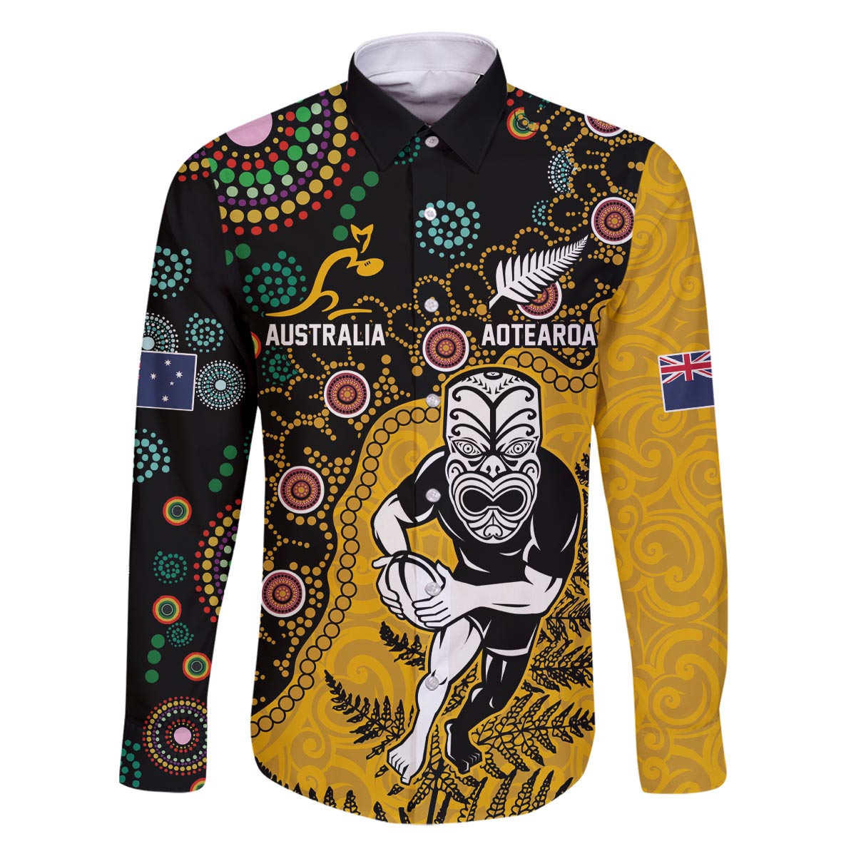 Custom New Zealand and Australia Rugby Family Matching Off The Shoulder Long Sleeve Dress and Hawaiian Shirt Maori Warrior With Aboriginal Version LT03 Dad's Shirt - Long Sleeve Black - Polynesian Pride