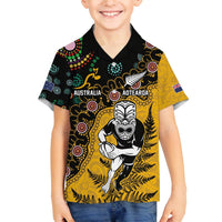 Custom New Zealand and Australia Rugby Family Matching Off The Shoulder Long Sleeve Dress and Hawaiian Shirt Maori Warrior With Aboriginal Version LT03 Son's Shirt Black - Polynesian Pride